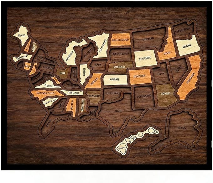 Houten Kaart Puzzel - Reis Tracker - Avonturen Documenteren - Met Elementen Sticker - 30 x 25 cm - Bruin
