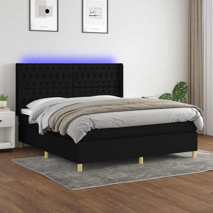 vidaXL - Boxspring - met - matras - en - LED - stof - zwart - 160x200 - cm