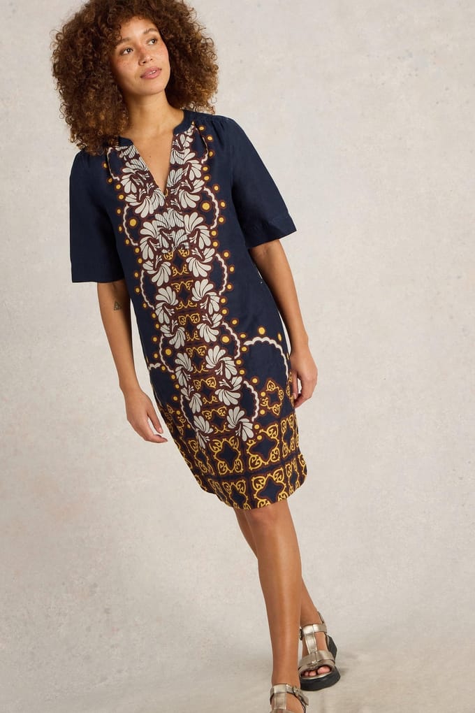 White Stuff June Linen Dress Navy Multi Größe: 8 REGULAR | Midikleider Outlet | Damen | Weiß