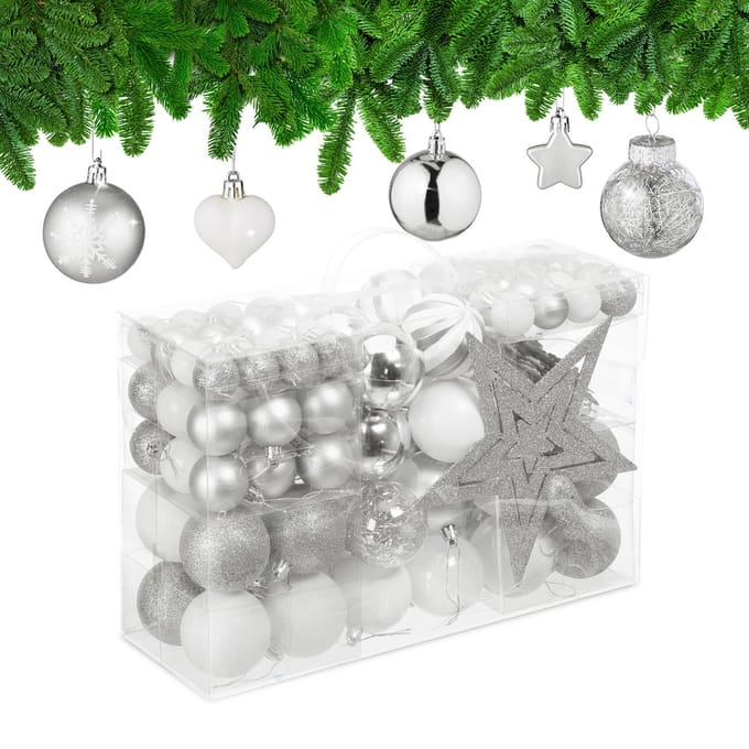 kerstballen - set van 101 - plastic - onbreekbaar - kerstpiek ster - zilver/wit