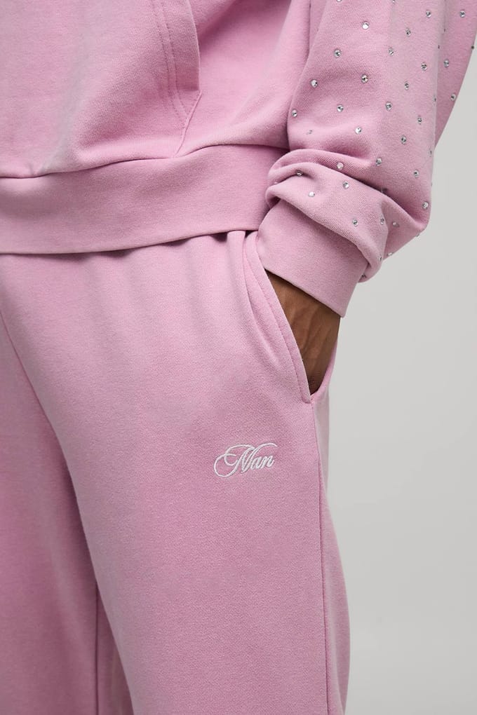 Reguliere pasvorm heren joggers met script, strass en gewassen inzet | Pink | Size Medium
