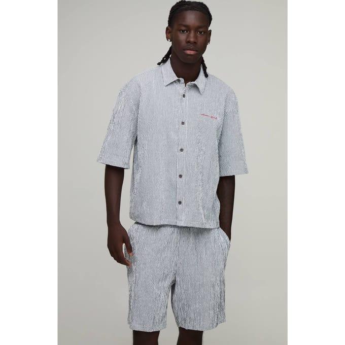 Gestreepte Seersucker Geborduurd Boxy Oversized Shirt & Short Set | Black | Size XS