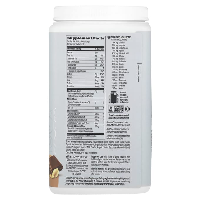 Sunwarrior, Sport, Protéine Activée Biologique, Beurre de Cacahuète Chocolat, 2,2 lb (1 kg)
