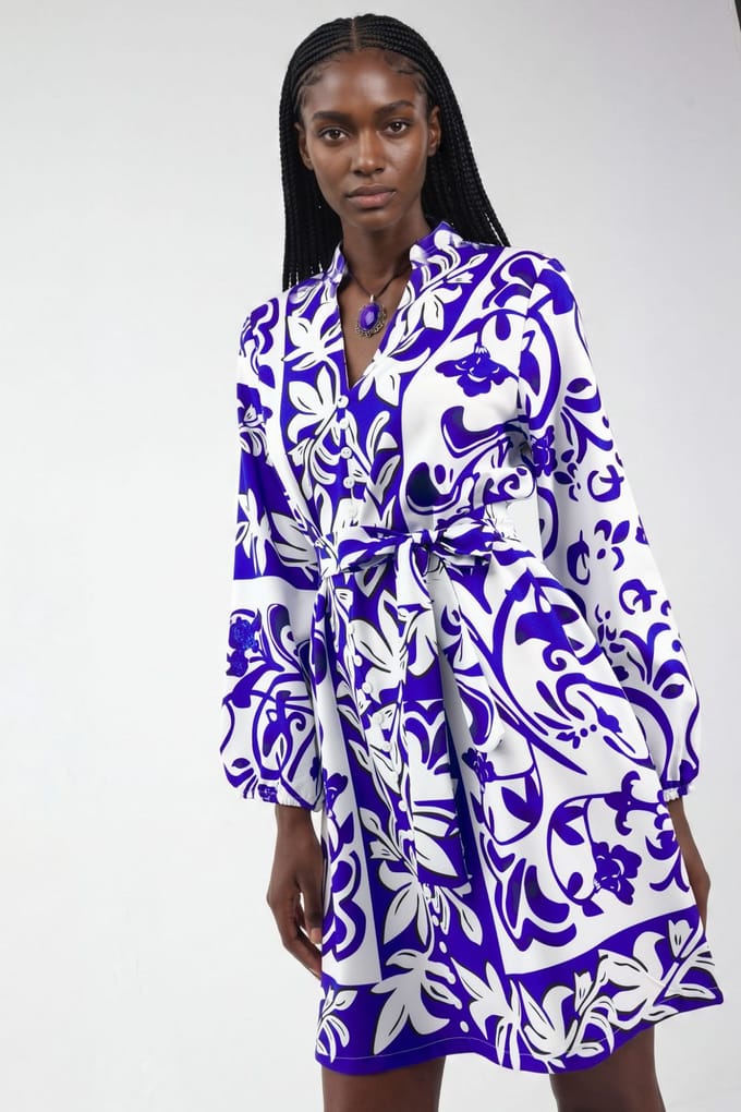 Bloemrijke V-hals Mini Hemdress met Ceintuur