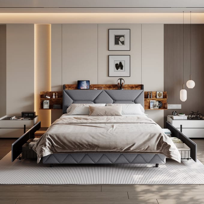Bed 160x200 Grijs Linnen – met USB-C, USB & 4 Lades