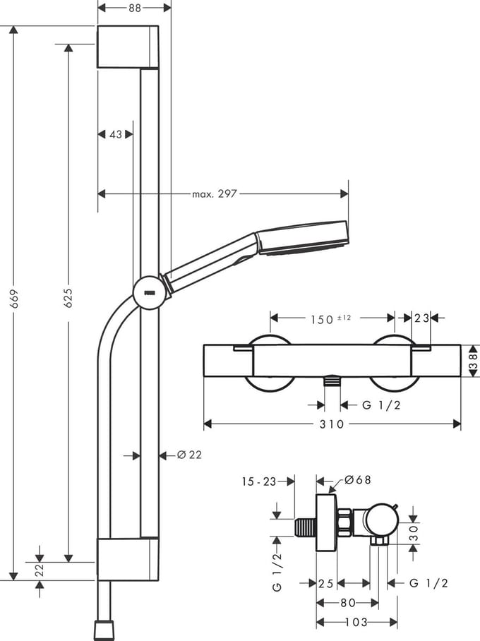 Hansgrohe Pulsify select s Glijstangset - handdouche - thermostaat - glijstang 65cm - doucheslang - chroom