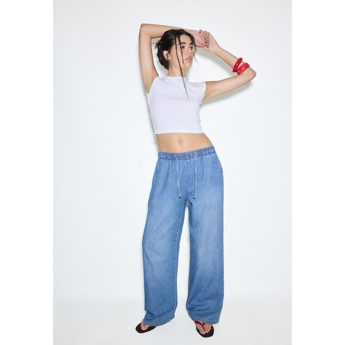 Stradivarius Soepele denim broek met koord  MIDDENBLAUWE DENIM WASSING M