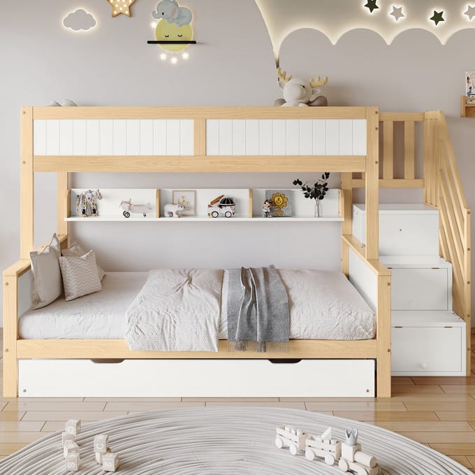 Sweiko Stapelbed - 90x200&120*200 cm - Drie bedden - Kledingkast - Grenen + MDF - Wit + natuurlijke