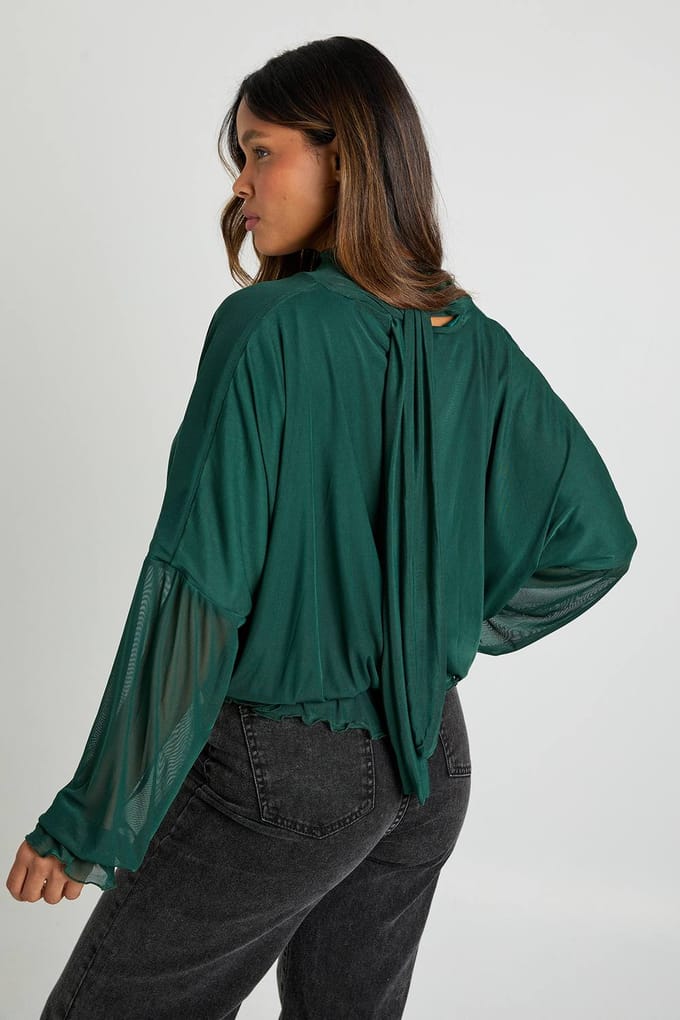 boohoo Dames V-hals mesh blouse met sjaal | Green | Maat: 6