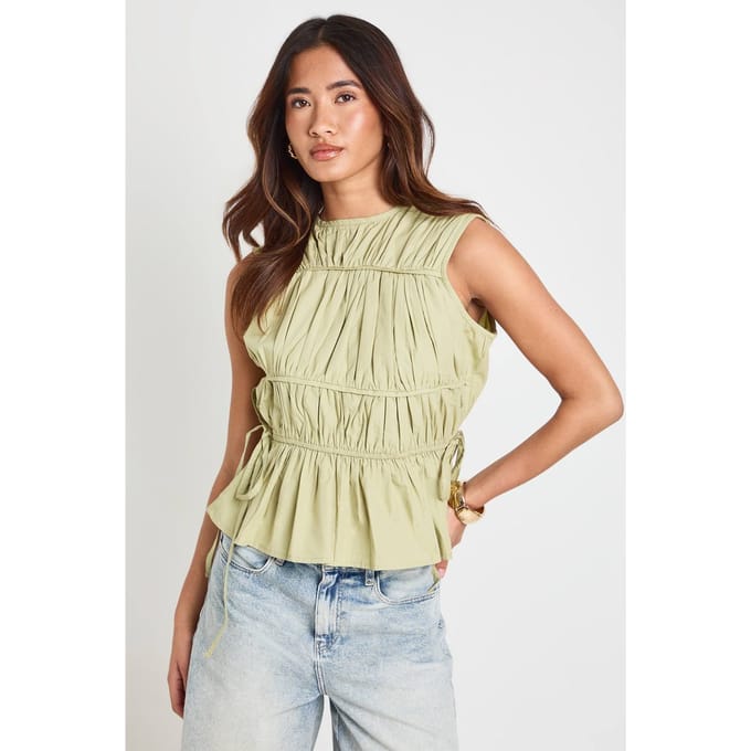 boohoo Dames Poplin Gerimpelde Top Met Hoge Hals | Pistache | Maat: 34