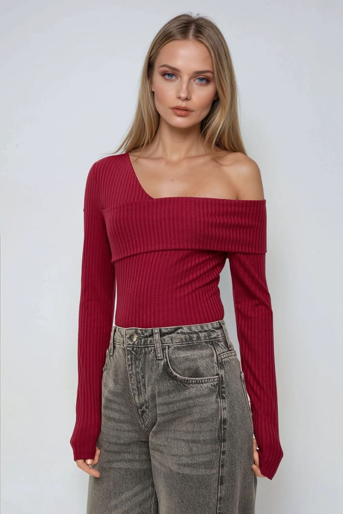 Asymmetrische Halstextuur Gebreide Top