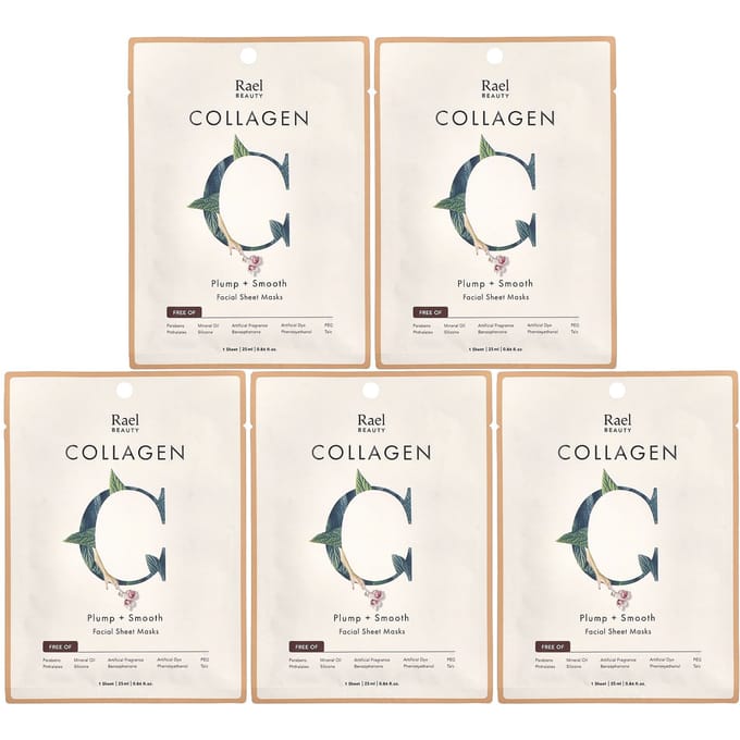 Rael, Beauté, Masque Visage Beauté Collagène, 5 feuilles, 25 ml (0,84 once liquide) chaque beige