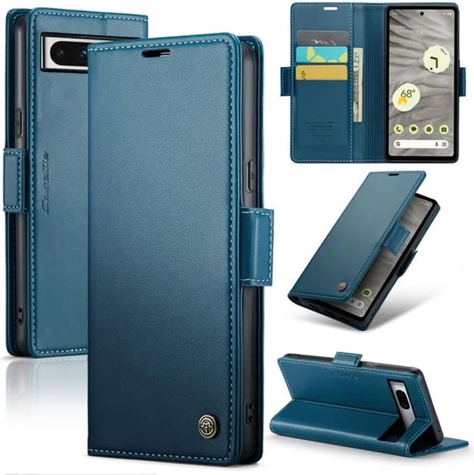 CaseMe Wallet Case met RFID Bescherming en Magneetsluiting + Glas Screenprotector voor Google Pixel 7a _ Blauw