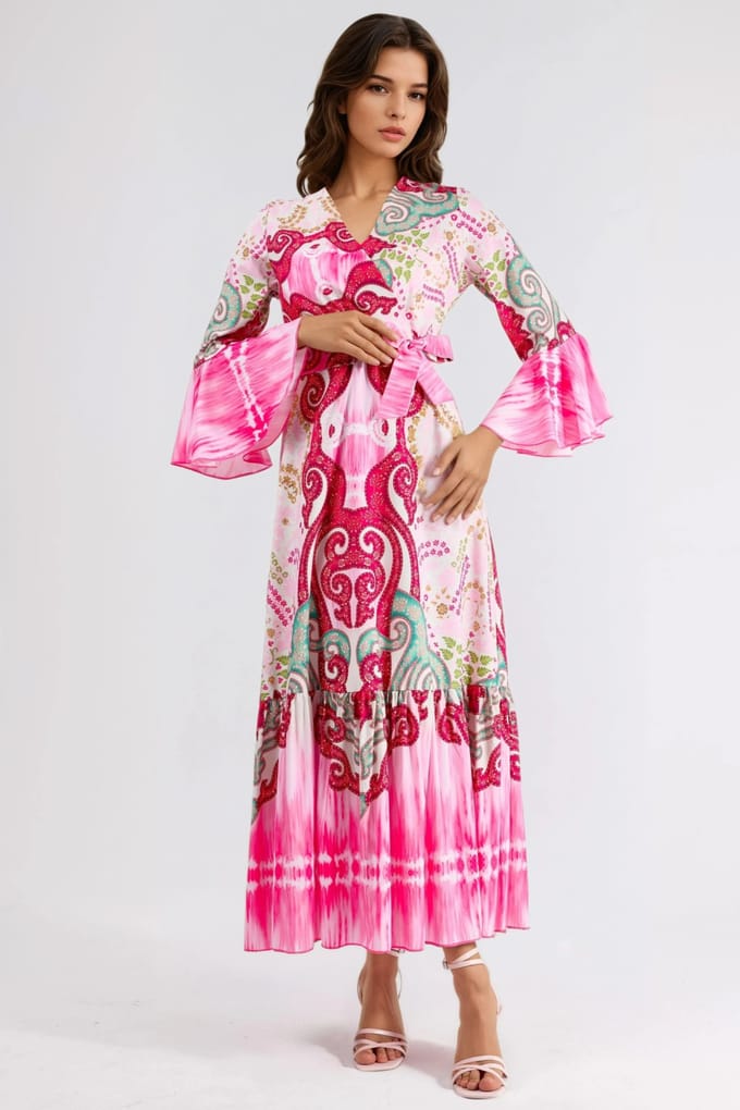 Rimpelige Paisley V-hals Maxi Jurk
