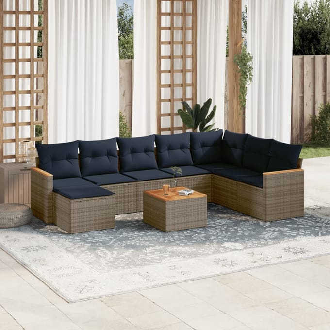 vidaXL - 9-delige - tuinbankset - met - kussens, - grijs - polyrotan
