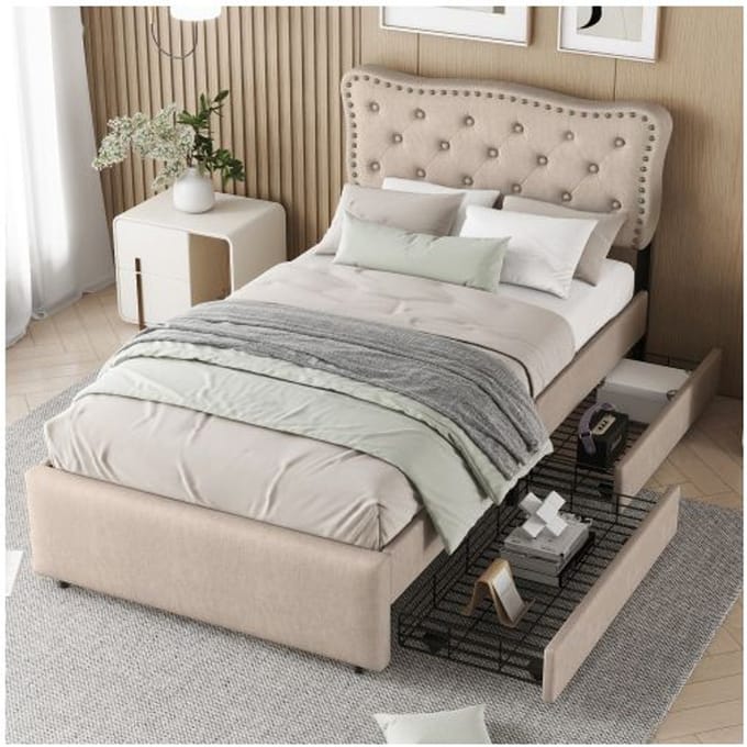 Bed 90x200 cm - MUVOE - Gestoffeerd - Donkerbeige - Opberglades - Elegant design beige