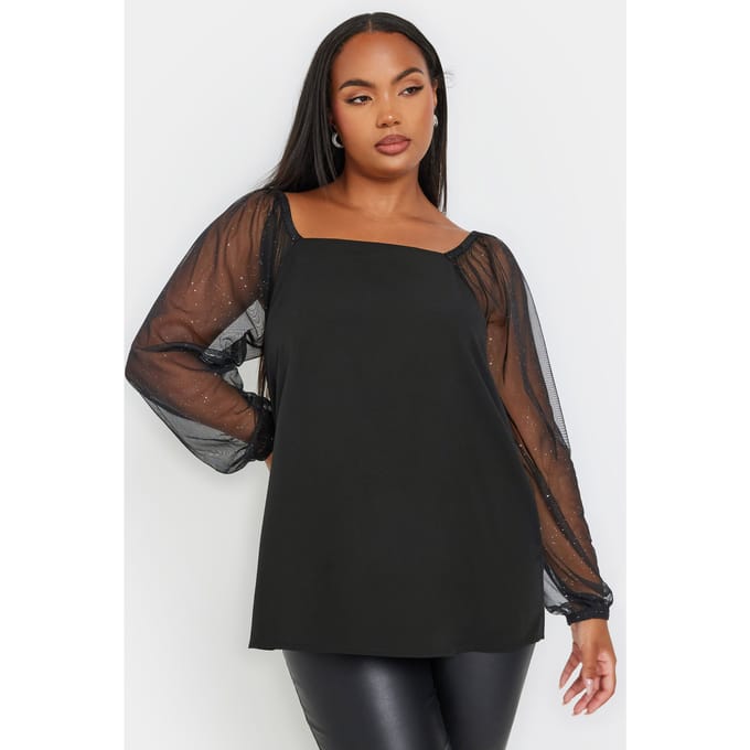 Yours Top Met Meshmouwen Met Glitter In Zwart Size 54-56