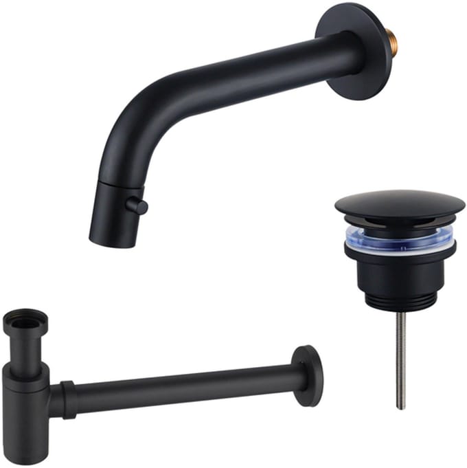 FugaFlow Eccelente Acces Fonteinkraanset - inbouw - uitloop 18cm - inkortbaar - sifon - always open plug - mat zwart