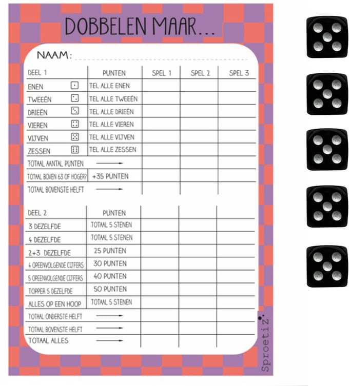 Dobbelblok met dobbelstenen - Yahtzee scoreblok - gedessineerd - zwarte dobbelstenen - ruit