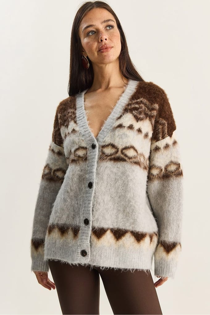 Dikke Etnische Patroon V-hals Cardigan met Knopen