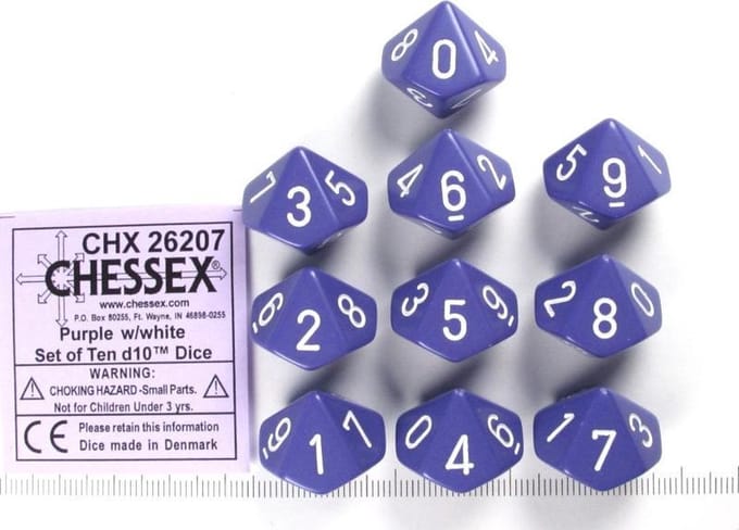 Chessex Opaque Paars/wit D10 Dobbelsteenset (10 stuks)
