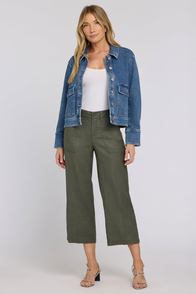 Wijd Been Cargo Capri Broek In Stretch Linnen