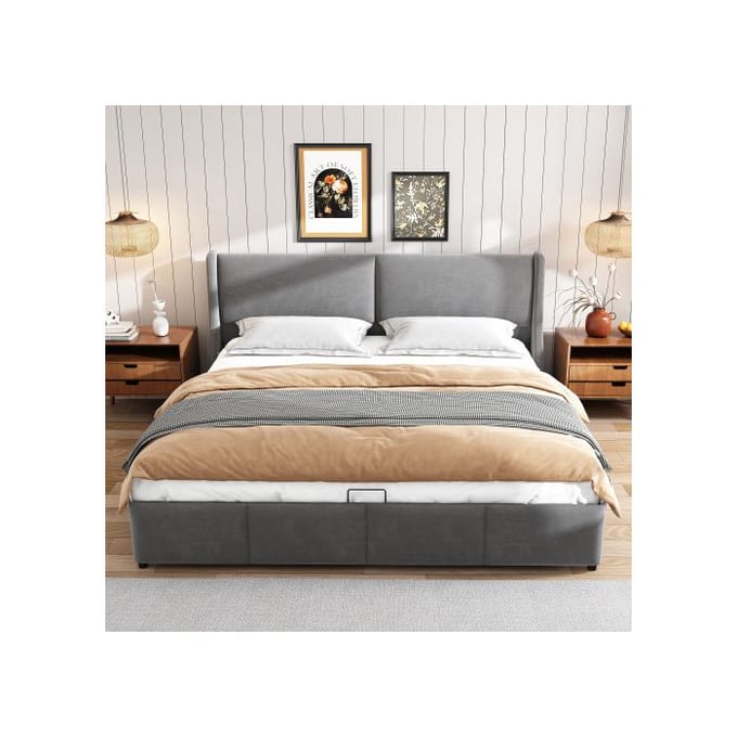 Lit double - MUVOE - 160 x 200 cm - Rembourré - Gris - Coffre de rangement intégré gris