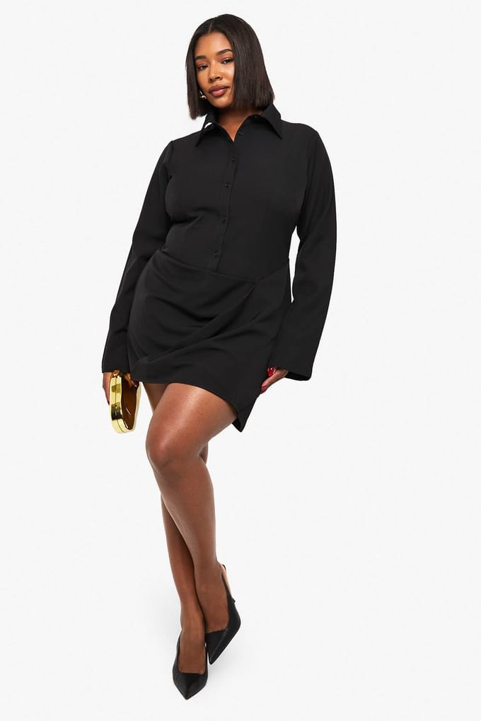 boohoo Dames Plus Shirtjurk met draperende voorkant | Zwart | Maat: 46