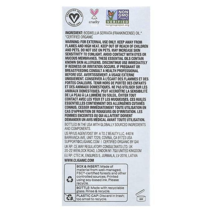 Cliganic, Sense of Peace™, Biologische Wierook Etherische Olie, 0,34 fl oz (10 ml)