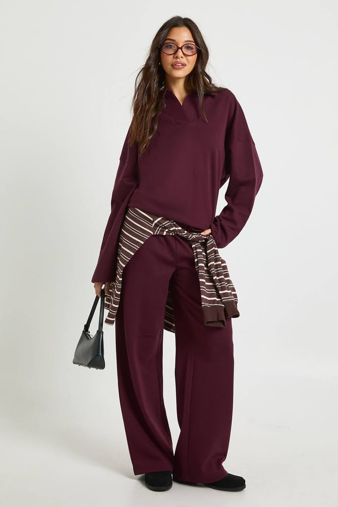 boohoo Dames Interlock Rugby Sweatshirt met Kraag | Bordeaux Rood | Maat: XS