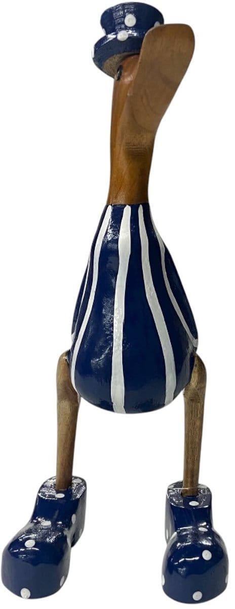 Handgemaakte Houten Eend “Stripy” – Donkerblauw/Wit Gestreepte Decoratieve Eend uit Indonesië (H27 × B11 cm)