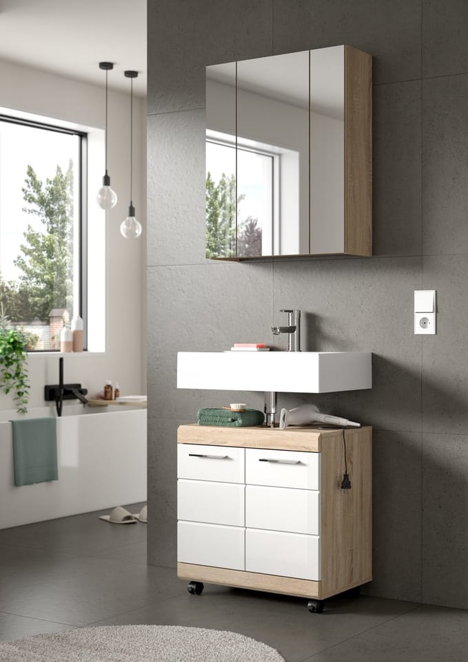 Badcombinatie op wielen - Sonoma Eiche licht en wit hoogglans - Moderne badkast