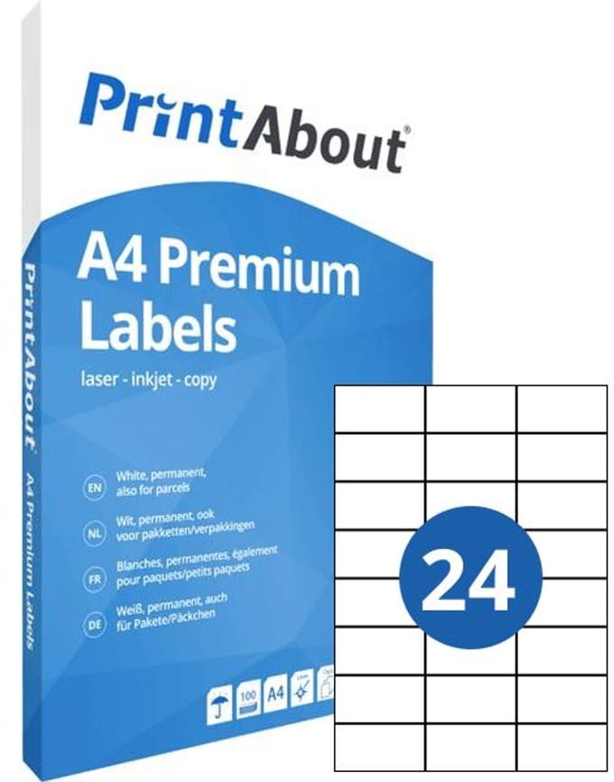 PrintAbout Premium A4 stickervel 24 per vel (70mm x 37mm)