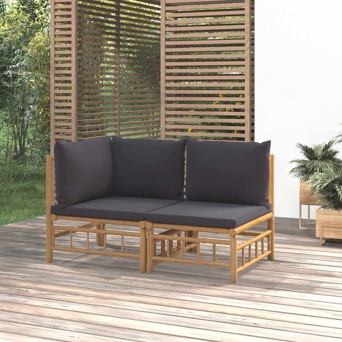 vidaXL - 2-delige - Loungeset - met - kussens - bamboe - donkergrijs