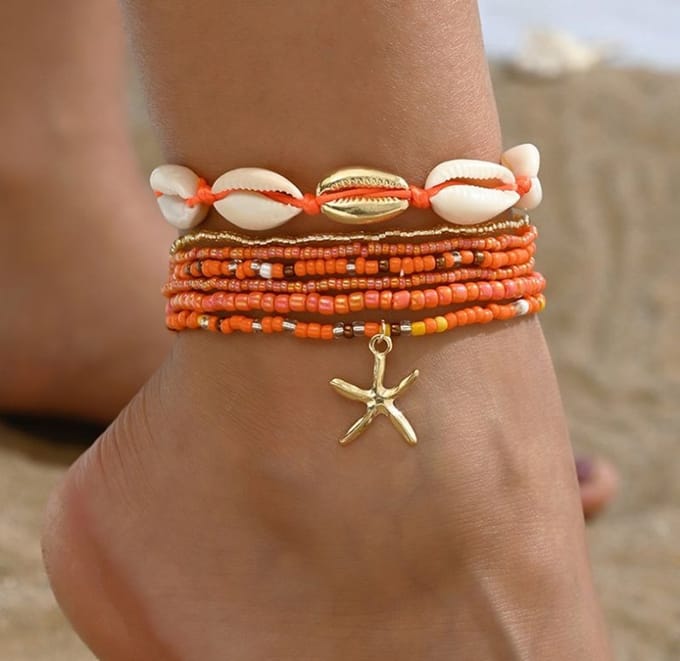 enkelbandjes set - oranje - 6 stuks - kralen - schelpen - dames mode - sieraden - accessoires
