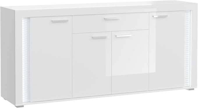 Skylight dressoir 4 deuren, 1 lade met licht hoog glans wit,glas grijs,wit.