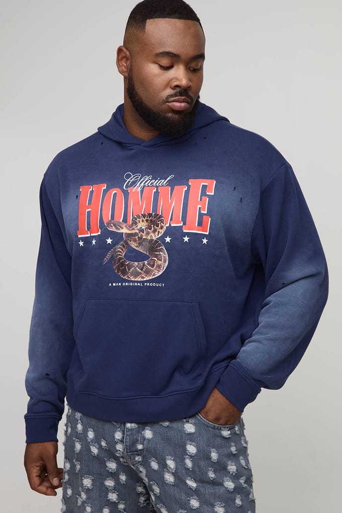 Plus oversized boxy Heren Western Spray Wash Distressed Hoodie | Navy | Size 4XL