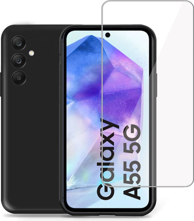 Hoesje + Screenprotector geschikt voor Samsung Galaxy A55 – Tempered Glass - Liquid Back Case Cover Zwart
