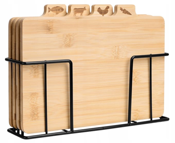 Bamboe snijplank set met 4 planken en metalen houder