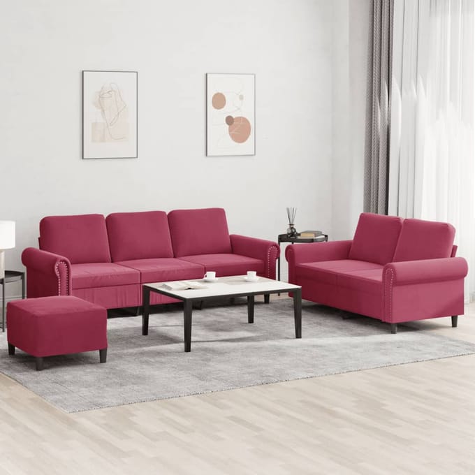 vidaXL - 3-delige - Loungeset - met - kussens - fluweel - wijnrood
