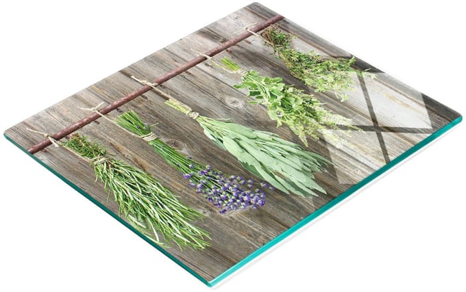 Decoratieve snijplank van gehard glas met kruidenkoord 60x52 cm