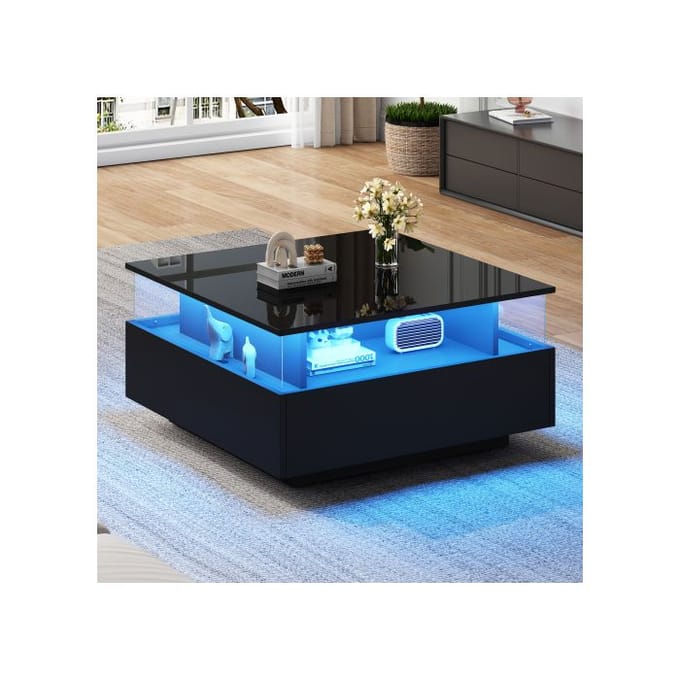 Table basse LED moderne et brillante,70*70*41cm,avec 2 tiroirs et une surface d'affichage transparente - capacité de charge de 30kg