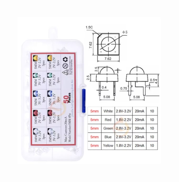 5mm Piranha LED Assortimentsset – 50 Stuks (Wit, Rood, Groen, Blauw, Geel) – Vierkante LED
