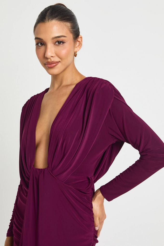 boohoo Dames Geruched Twist Voorkant Drapeer Detail Minijurk | Plum | Maat: 8