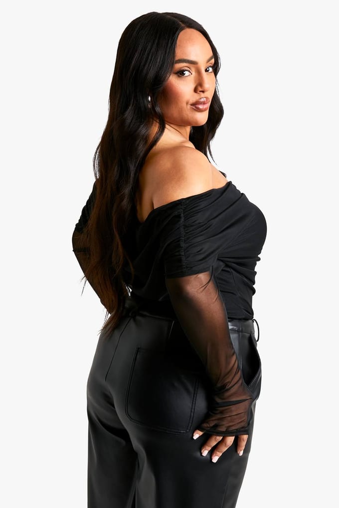 boohoo Dames Plus Gerimpelde Voorkant Bardot Lange Mouw Top | Black | Maat: 16