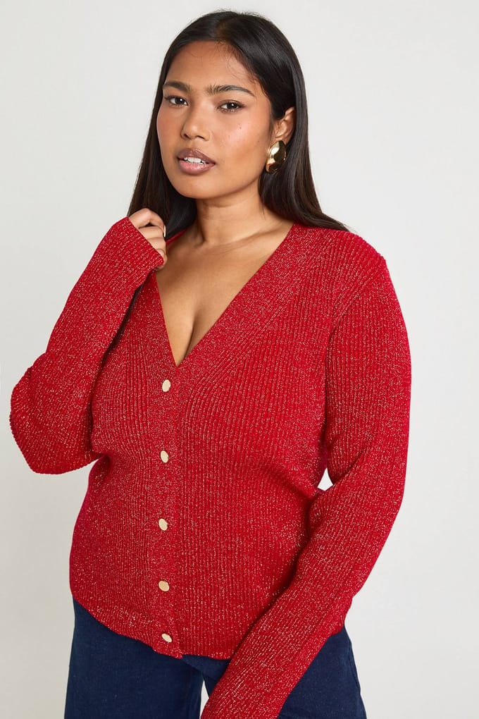 boohoo Dames Plus Glitter V-hals Cardigan | Red | Maat: 16-18
