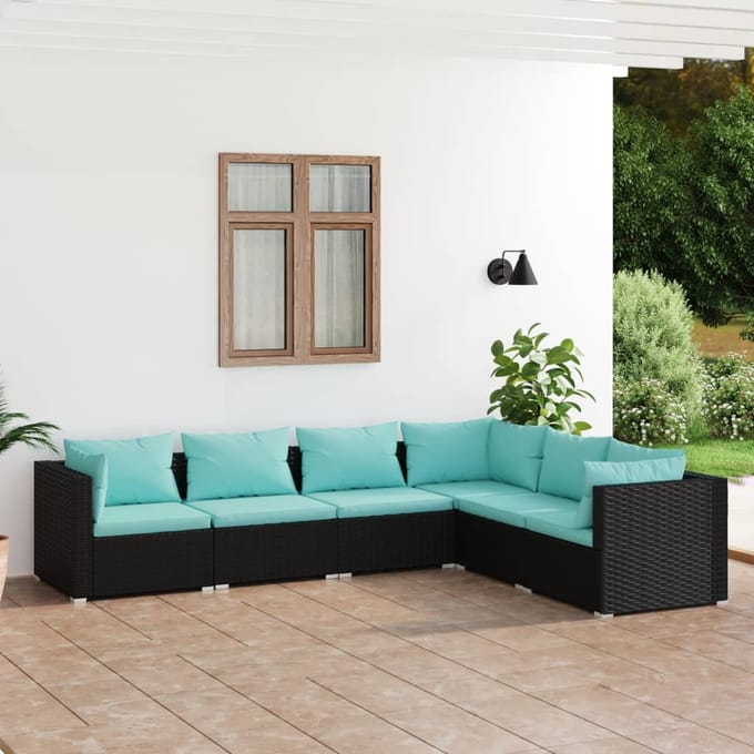vidaXL - 6-delige - Loungeset - met - kussens - poly - rattan - zwart