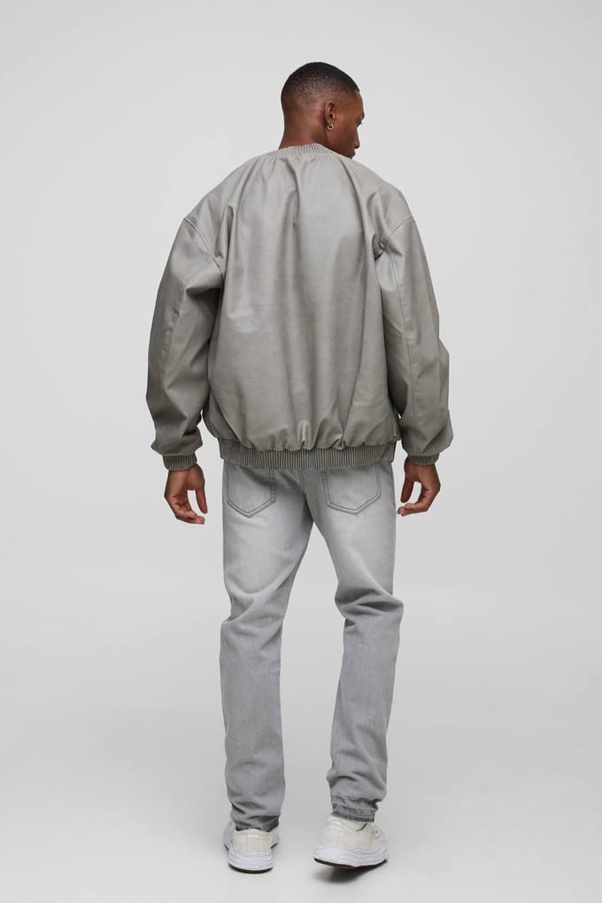 Oversized Fit Soft PU Bomber Jacket | Grey | Size XS