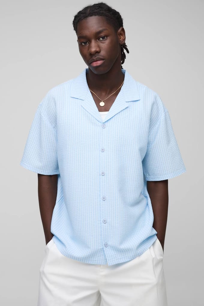 Oversized Geborduurd Gestreept Seersucker Revere Shirt | Light Blue | Size Medium