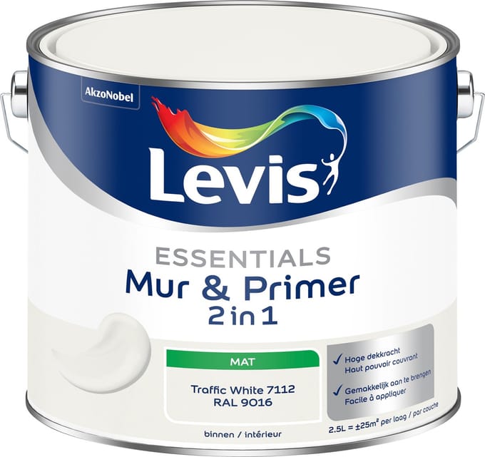 Levis - Essentials Mur & Primer - Traffic White (Ral 9016) - 2,5 L